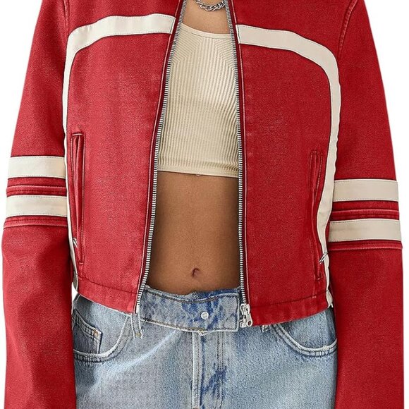 Women’s Faux Leather Jackets Zip Up Stand Collar Cropped Motocross PU Coats